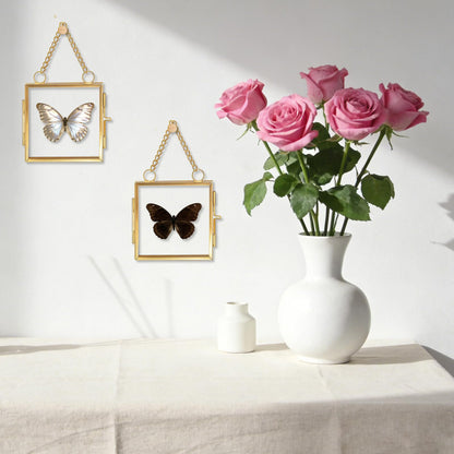 Orepzinc 4 Pcs Mini Brass Wall Hanging Photo Frame, Square Glass Hanging Picture Artwork Display Frame, Double Glass Floating Frame Style Gallery Wall for Picture, Pressed Flower (3.5x3.5 inch)