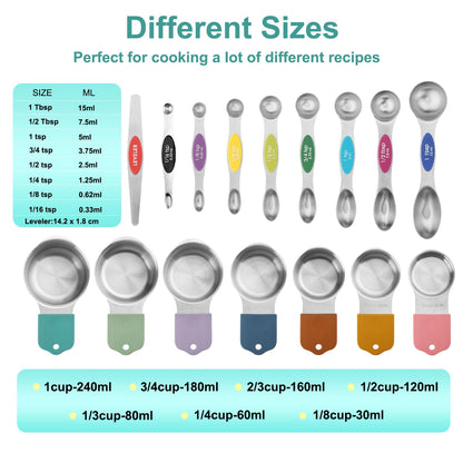 16 Pcs Magnetic Measuring Cups and Spoons Set,Stackable Metal Measure Cup for Measuring Dry and Liquid Ingredients,Kitchen Dry Food, Cooking Baking Measurements