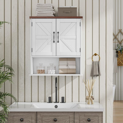 Mino Kesper Bathroom Wall Cabinet with Barn Doors, Wall Mounted Bathroom Cabinet, Farmhouse Style, Adjustable Shelf, Wall Mounted Medicine Cabinets, White