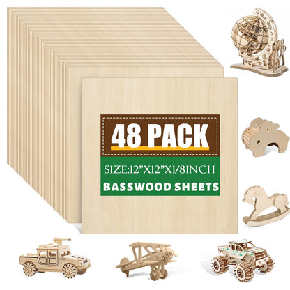 48 Pack Basswood Sheets 1/8x12x12 Inch, Unfinished Wood for Crafts, 3mm Basswood for Laser Cutting & Engraving, Wood Burning, Architectural Models, Plywood Board for Painting.