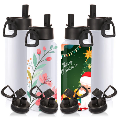 Volhoply Sublimation Insulated Water Bottles Blank Bulk 4 Pack, 32 oz Stainless Steel Sports Bottle with Straw, Double Walled Vacuum Metal Water Flask with Wide Mouth(Sublimation,4)