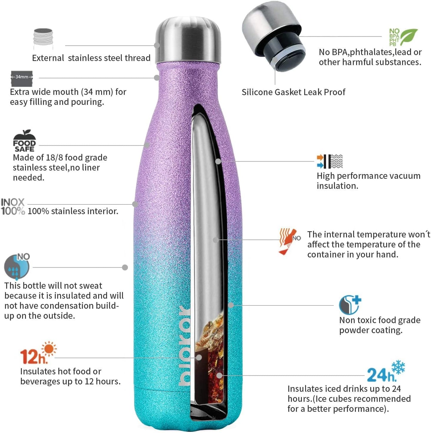 BJPKPK 17oz Insulated Water Bottles, Stainless Steel Sports Bottles Keep Cold for 24 Hours and Hot for 12 Hours
