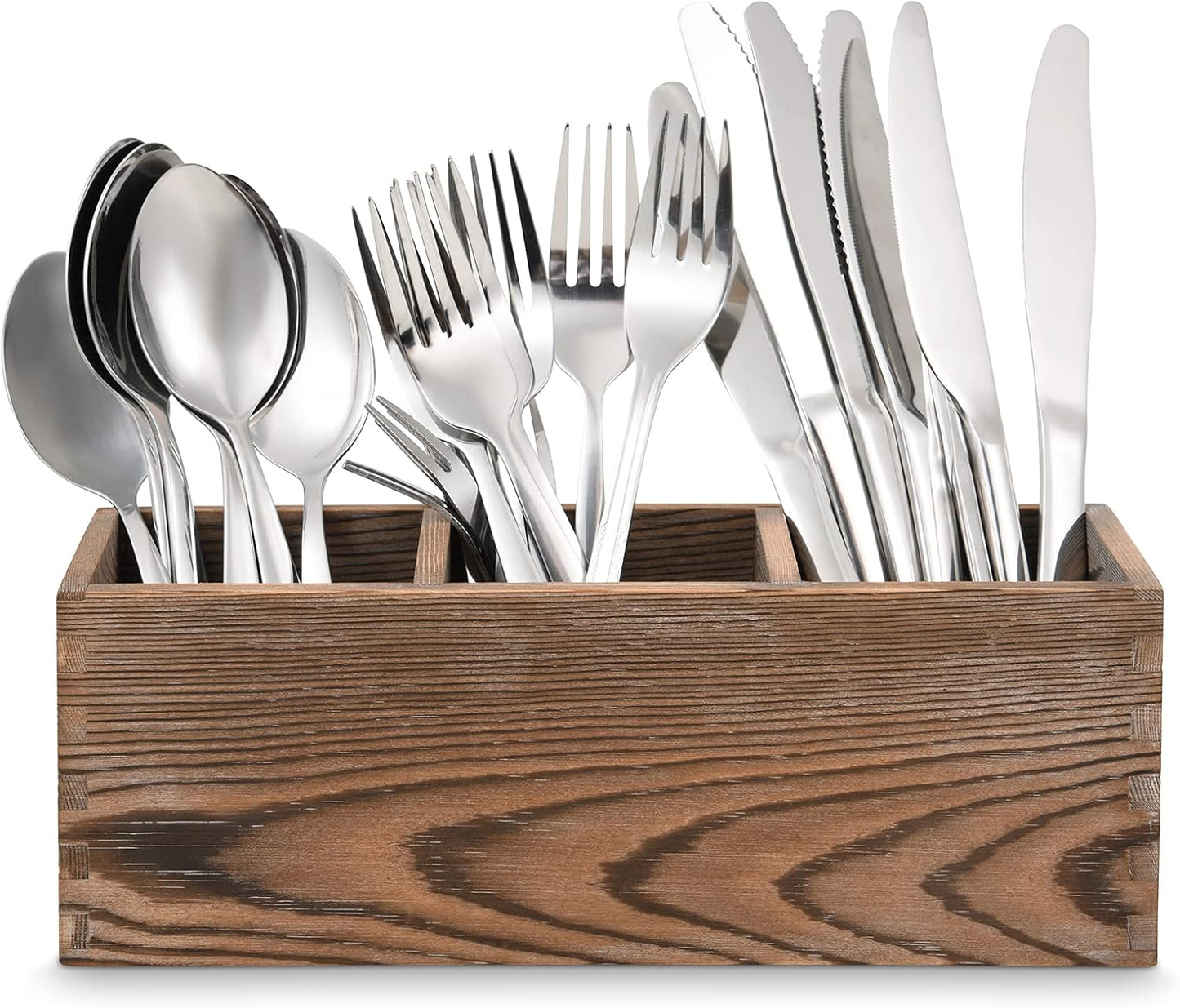 Wooden Silverware Organizer with 3 Spacious Compartments, Cooking Spatula Holder, Kitchen Utensil Flatware Caddy