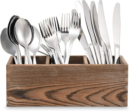 Wooden Silverware Organizer with 3 Spacious Compartments, Cooking Spatula Holder, Kitchen Utensil Flatware Caddy