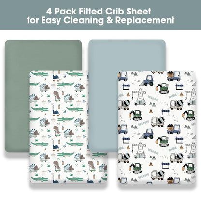 Little Grape Land Crib Sheets 4 Pack for Boys and Girls, Baby Neutral Crib Fitted Sheets for Standard Crib & Toddler Mattress, Super Soft Breathable Fitted Crib Sheet Set (Truck & Alligator)