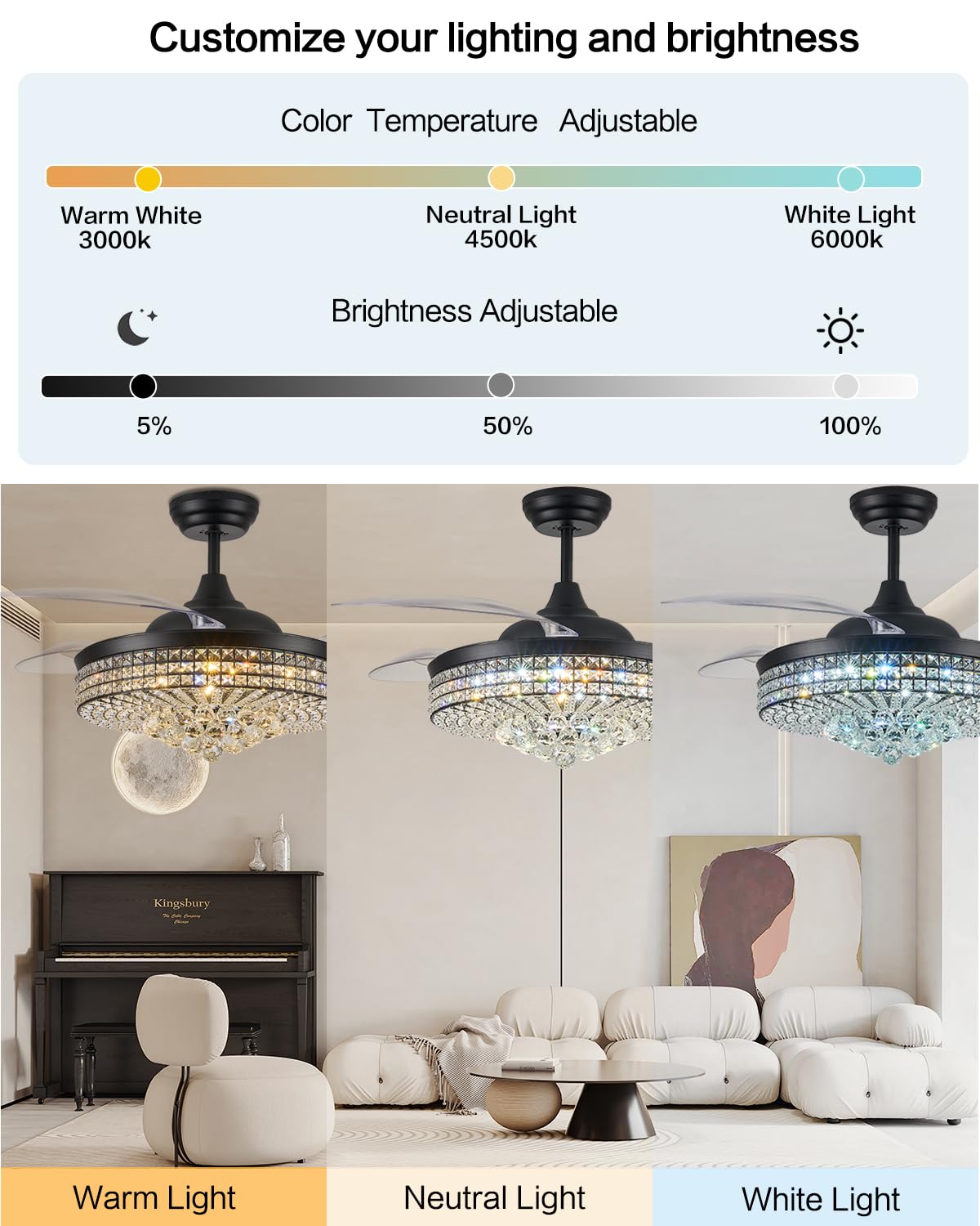 Trssdre 52" Dimmable Black Fandelier Ceiling Fans with Lights and Remote Modern Retractable Blade Crystal Chandelier Ceiling Fan for Bedroom Dinning Room Living Room