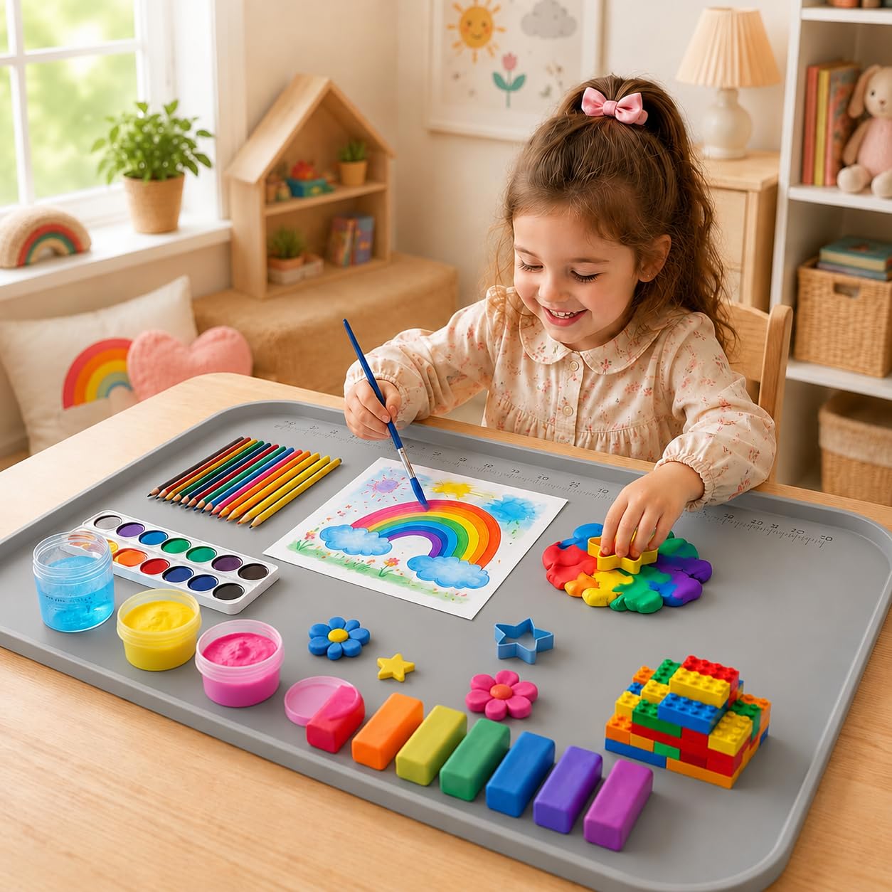 Silicone Art Mat for Crafts, 24" x 16" Silicone Craft Mat with Raised Sides to Stay Tidy, Play Sand, Painting, Slime, Legos, Resin & Jewelry-Making, DIY Crafts Mat (Grey)