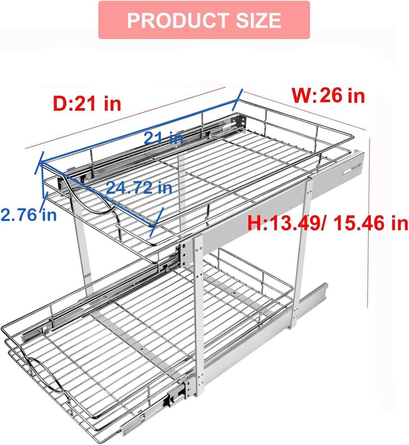 Sikarou Pull Out Cabinet Organizer 26" W x 21" D 2-Tier Individual Slide Out Drawer Pantry Shelf Storage for Kitchen Base Cabinet Organization for Kitchen, Bathroom, Pantry, Chrome