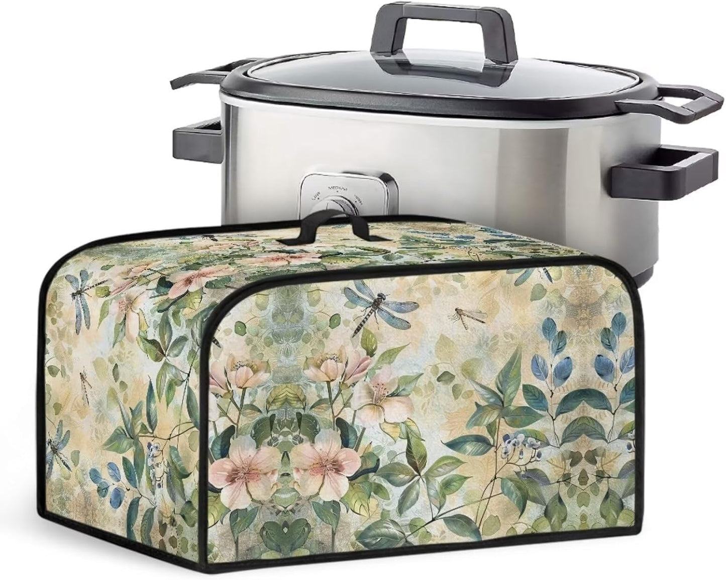 Floral Slow Cooker Cover with Mesh Pocket and Top Handle, Small Appliance Cover for Kitchen Home Decor Accessories