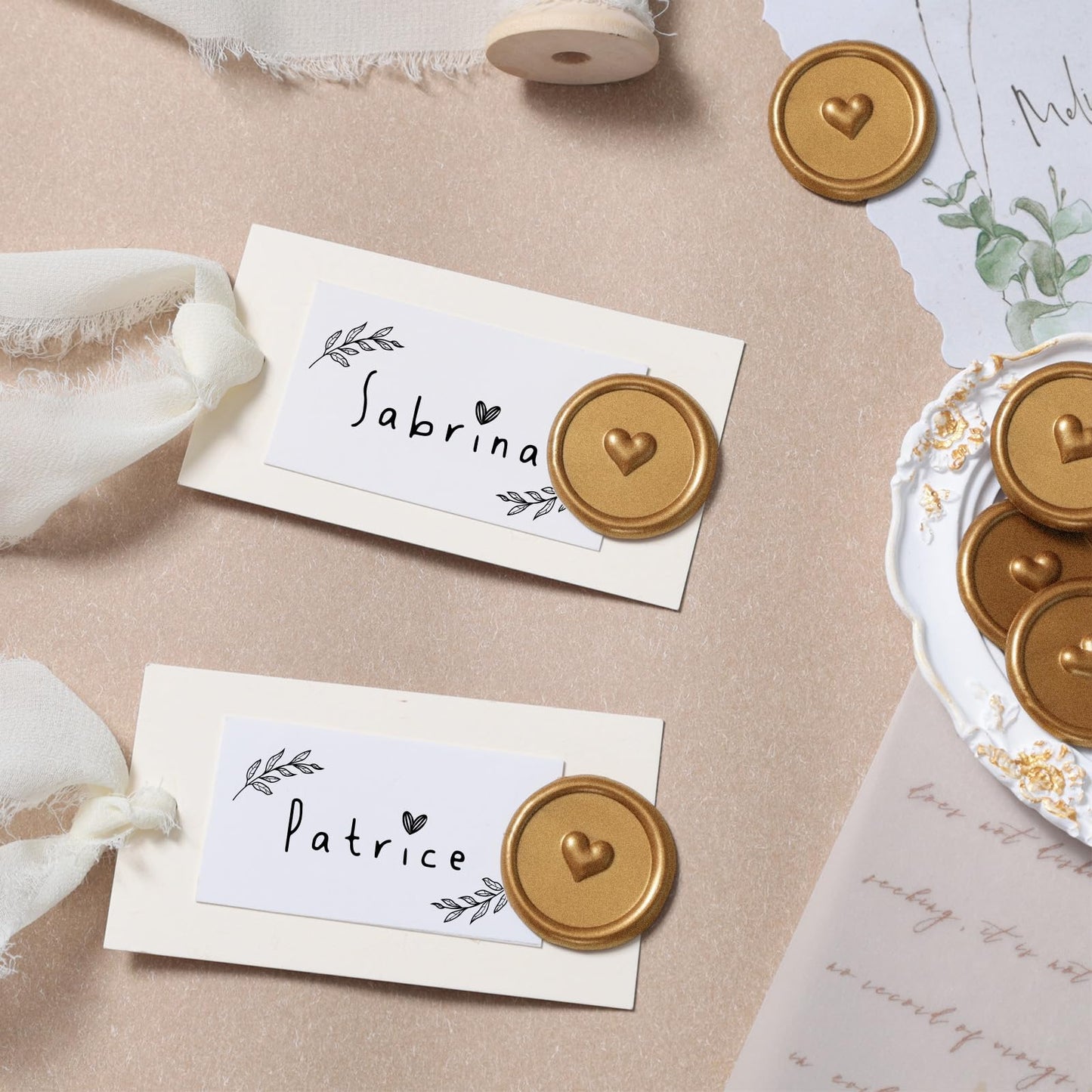 UNIQOOO Wax Seal Stickers - 3D Heart Wedding Invitation Envelope Seal Stickers, 50 Pcs Self- Adhesive Antique Gold Stickers, Perfect for Invitation, Christmas, Gift