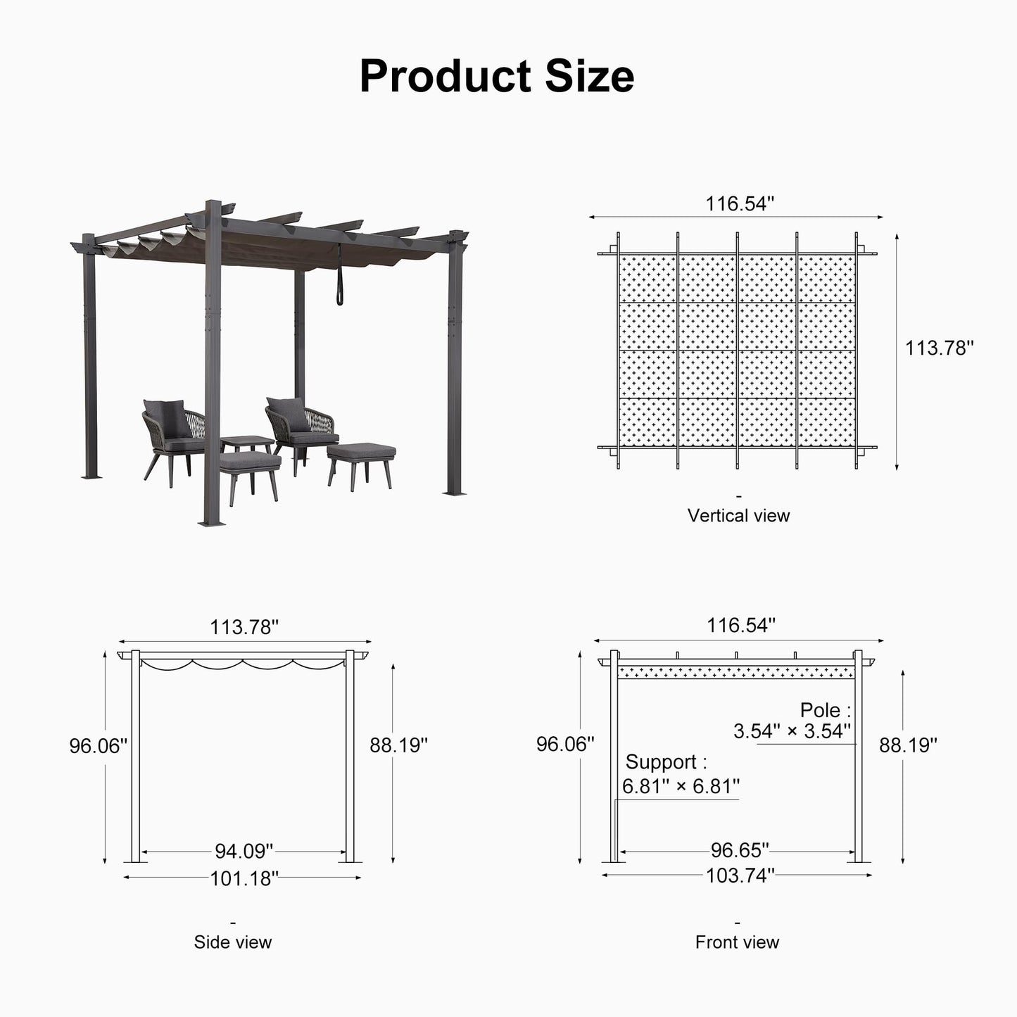 PURPLE LEAF 10' X 10' Outdoor Retractable Pergola with Sun Shade Canopy Patio Metal Shelter for Garden Porch Beach Pavilion Grill Gazebo Modern Yard Grape Trellis Pergola, Gray