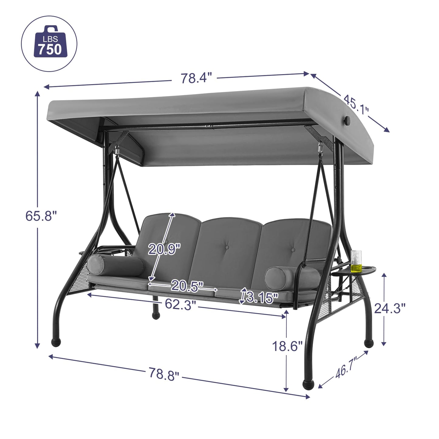 HOMREST 3 Seat Outdoor Porch Swing with 1.5" Deep Cup Holder, Adjustable Canopy,Patio Swing Bed with Stand, Patio Glider Swing with Thicken Cushions, Pillow(Grey)