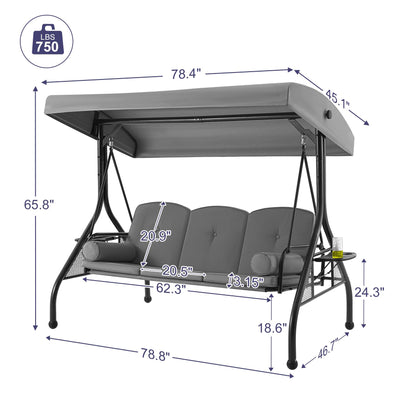 HOMREST 3 Seat Outdoor Porch Swing with 1.5" Deep Cup Holder, Adjustable Canopy,Patio Swing Bed with Stand, Patio Glider Swing with Thicken Cushions, Pillow(Grey)