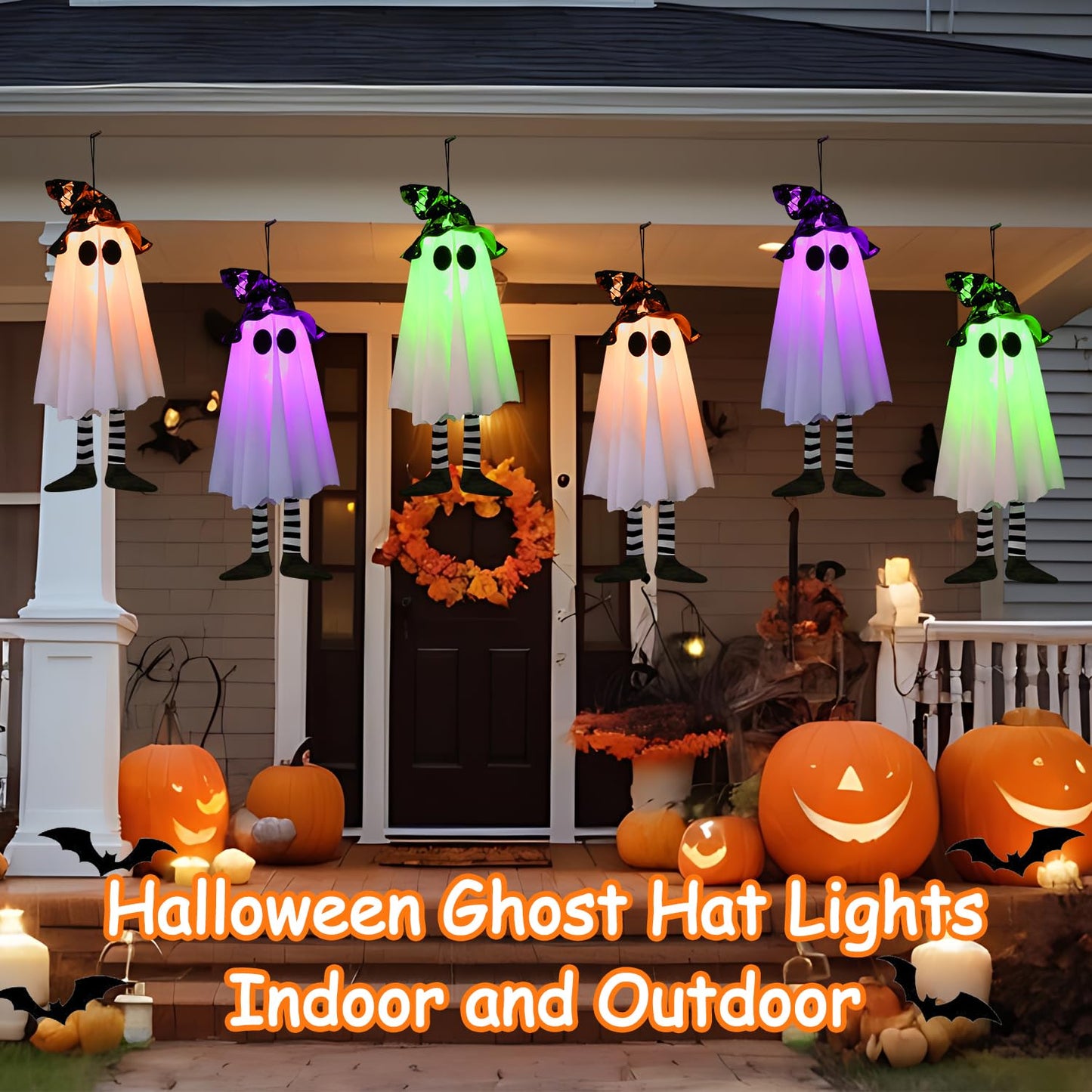 3 Pack Halloween Hanging Ghosts Halloween Decorations Outdoor, Lighted Glowing Ghost Witch Hat with Orange Purple Green Lights, Ghost Scary Outside Decor for Party Home Yard Tree Garden