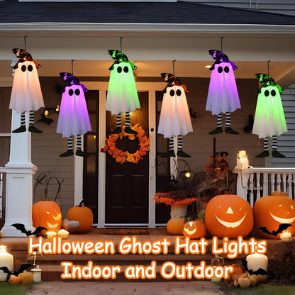 3 Pack Halloween Hanging Ghosts Halloween Decorations Outdoor, Lighted Glowing Ghost Witch Hat with Orange Purple Green Lights, Ghost Scary Outside Decor for Party Home Yard Tree Garden