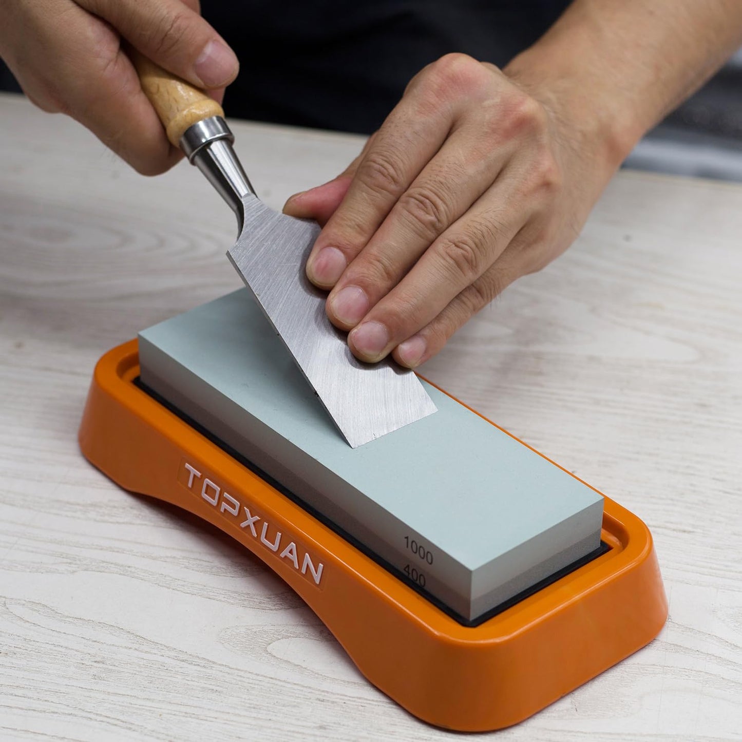 Topxuan Knife Sharpening Stone Sided 400/1000 Grit sharpener Waterstone,Professional Kitchen Whetstone with Orange Plastic Base, Non-slip Rubber and Angle Guide