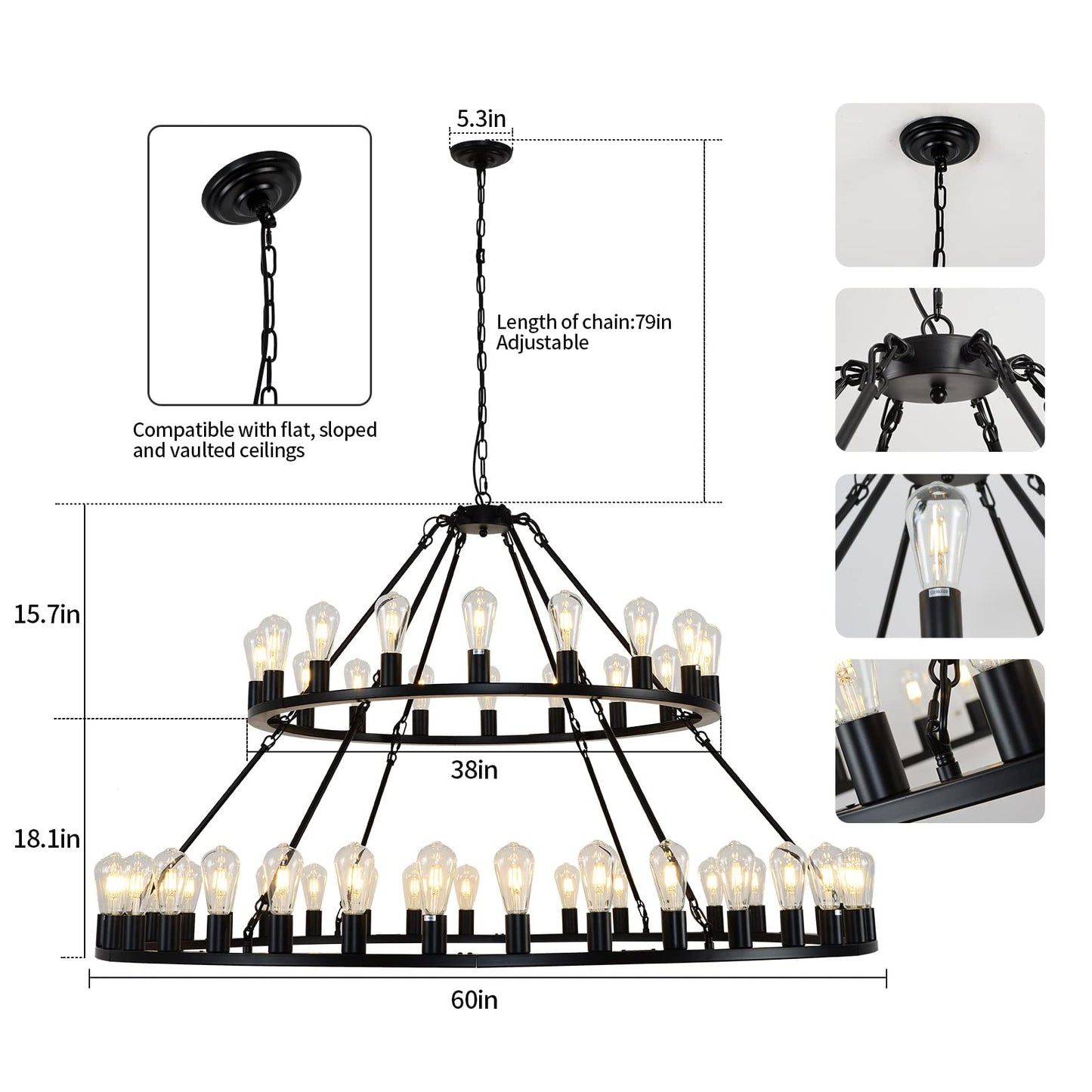 WOGON WEEL Wagon Wheel Chandelier 2 Tier 54-Light 60-inch, Farmhouse Industrial Chandelier Black Rustic Pendant Light Fixture Extra Large for High Ceilings, Living Room Foyer