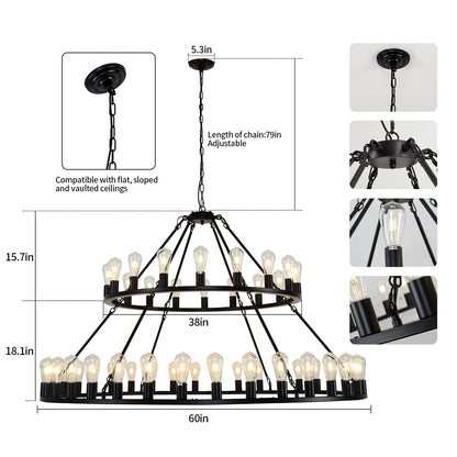 WOGON WEEL Wagon Wheel Chandelier 2 Tier 54-Light 60-inch, Farmhouse Industrial Chandelier Black Rustic Pendant Light Fixture Extra Large for High Ceilings, Living Room Foyer