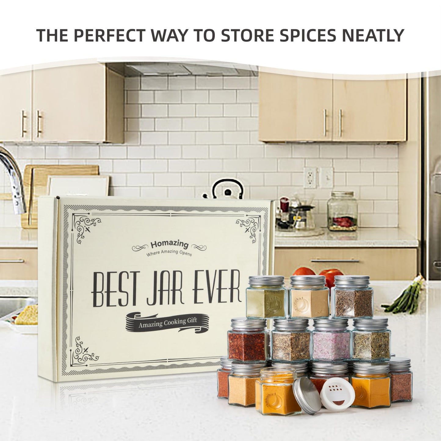 Homazing Set of 20 Large 4oz Magnetic Spice Jars for Refrigerator, Hexagon Glass Magnetic Spice Jars with Shaker Lids and Labels for Kitchen RV Travel Trailer, Magnetic Spice Containers for Fridge