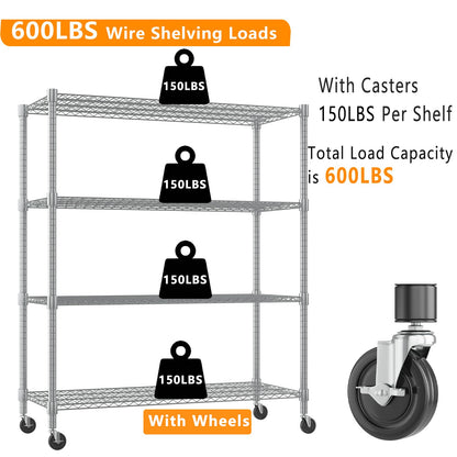 Himimi Storage Shelves 60"W Wire Shelving with Wheels 2600LBS Heavy Duty Metal Shelves for Storage, 4-Tier Adjustable Wire Rack Shelving Garage Shelving Kitchen Storage Shelves 24"Dx60"Wx72"H, Silver