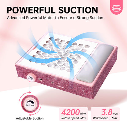 CHRISTINE SHELLY UV LED 96W Nail Lamp Gel Polish Light with 4 Timer Setting Plug-in Quick Dry Curing Lamp Pink & Nail Dust Collector Reusable Filters Powerful Vacuum Fan with Hand Pillow Pink