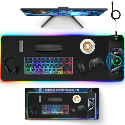 Mouse Pad with Wireless Charging, Large Desk Mat RGB Gaming Mousepad, 10 Light Colors LED Gaming Pad Keyboard Pad with Ultra-Smooth Surface & Non-Slip Rubber Base, Waterproof Full Desk Mouse Pad