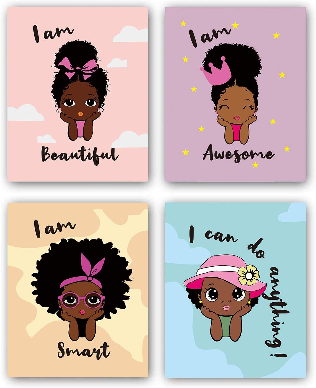 Black Girl Wall Art, Motivational African American Girl Art Painting, Inspirational Decor for Girls Bedroom, Set of 4