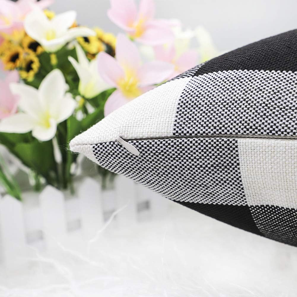 4TH Emotion Set of 2 Black and White Farmhouse Buffalo Check Plaid Throw Pillow Covers, 20 x 20 Inches, Polyester Linen