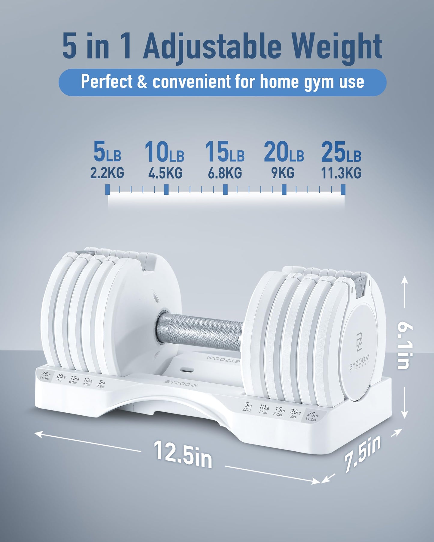 BYZOOM FITNESS Pure Series Adjustable Dumbbell - 12.5/25/27.5/75lb - ONE UNIT OR PAIR(check QTY before purchase) - 5-in-1/ 10-in-1 / 21-in-1 Flexible Hand Weights for Home Gym, Strength Training & Fitness Workouts, White OR Black