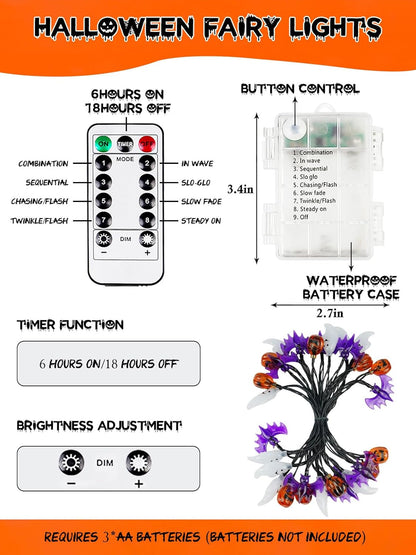 Skiennix Halloween String Lights - 3D Pumpkin, Bat & Ghost Fairy Lights | Battery Operated, 30 LEDs, Waterproof, 8 Modes & Timer for Indoor/Outdoor Decor