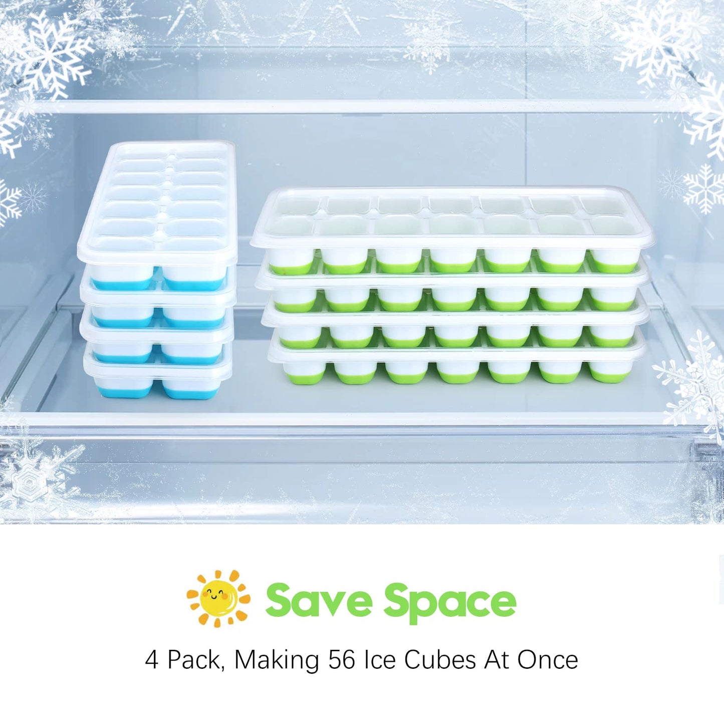 Silicone Ice Cube Tray, 8 Pack Easy-Release & Flexible 14-Ice Cube Trays with Spill-Resistant Removable Lid, Stackable Ice Trays with Covers for Freezer, Cocktail (4 Blue + 4 Green)