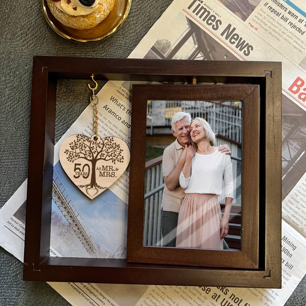 IIILUYOT 50th Anniversary Wedding Picture Frame Gifts for Couple Parents, Rotating Floating Valentine Mother Day Frame Gifts for Husband Wife, Happy 50th Anniversary Marriage Frame Decoration 4x6
