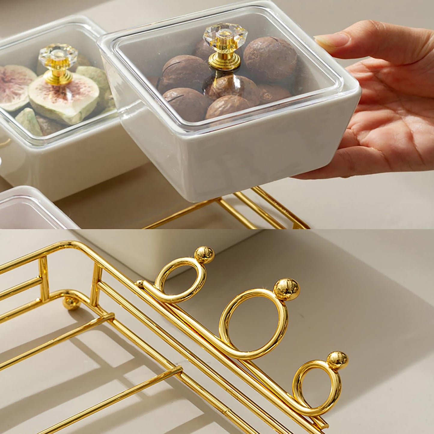 YA JU Ceramic Bowls and with Lid Gold Basket Trays, 3 Removable Small Bowls Condiment Trays Nut Serving Set for Snacks, Fruits, Candy and Condiments - Great for Parties, Holiday Gifts, White