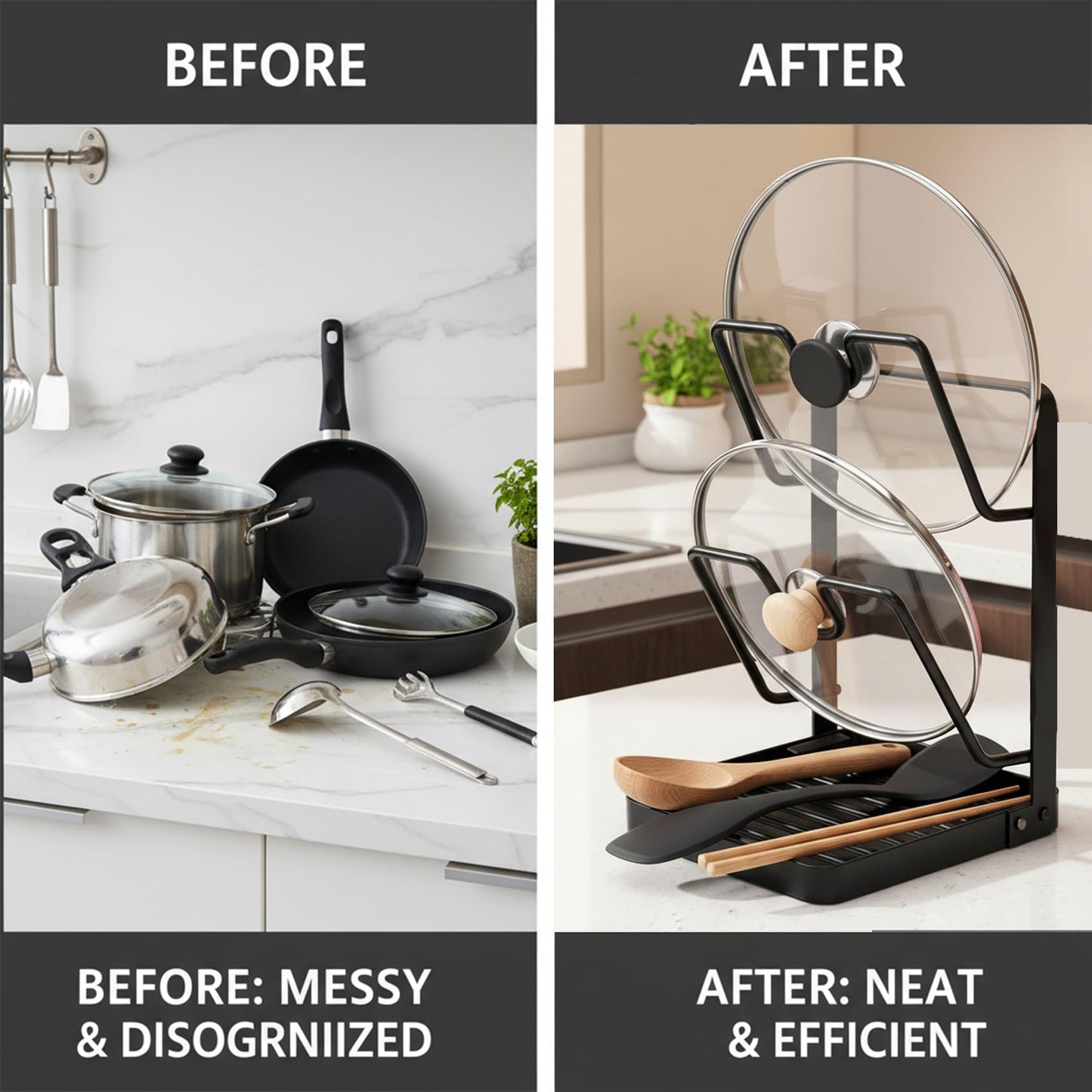 FKSWSQY Pot Lid Holder While Cooking, 2-Tier Heavy Duty Pot Lid Organizer with Drip Tray & U-Shaped Groove, Multifunctional Storage Rack for Stove Top & Kitchen Countertop - Black