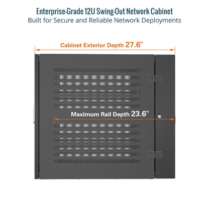 Tecmojo Enterprise-Grade 12U Swing-Out Wall Mount Network Cabinet,27.6inch Depth Server Cabinet, Load Bearing 331lbs (150 kg), Glass Door, 12U Rack for 19in Computer/AV/Data/IT Equipment