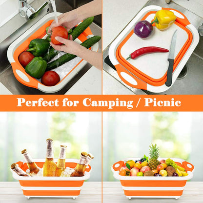 Rottogoon Collapsible Cutting Board, Foldable Chopping Board with Colander, Multifunctional Kitchen Vegetable Washing Basket Silicone Dish Tub for BBQ Prep/Picnic/Camping(Orange)