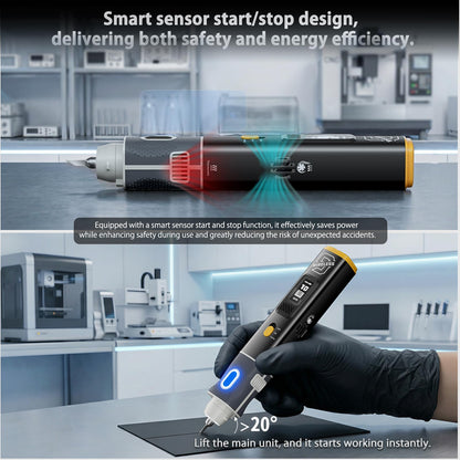 2-in-1 wireless ultrasonic cutter, 40kHz, 30W high power, 1000mAh battery, with AC adapter and USB cable. Features cooling system, smart start-stop and LCD display, can cut a variety of materials.