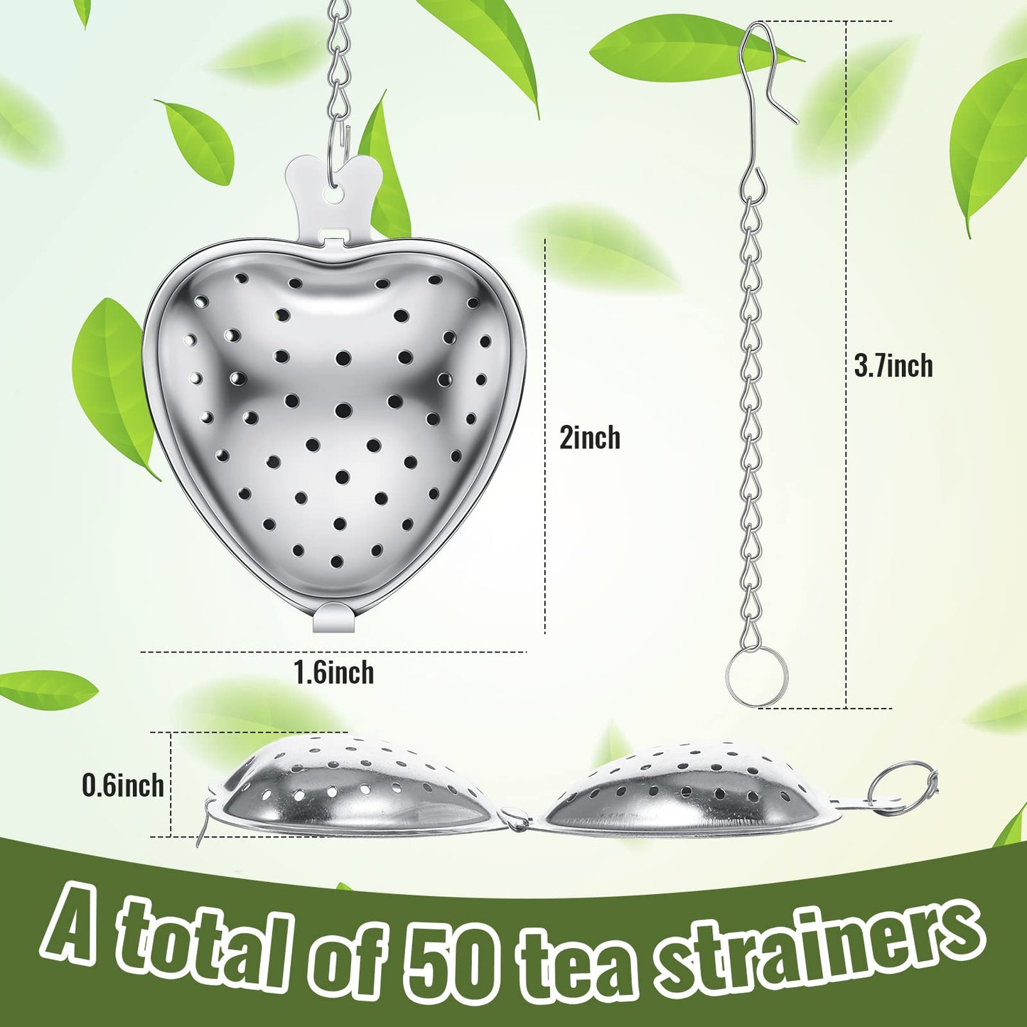 Sumind 50 Pcs Stainless Steel Tea Strainer Ball Infuser Loose Leaf Steeper Interval Diffuser Heart Shape Mesh Filters with Extended Chain Hook for tea party Seasonings Cup Bottle(Silver)