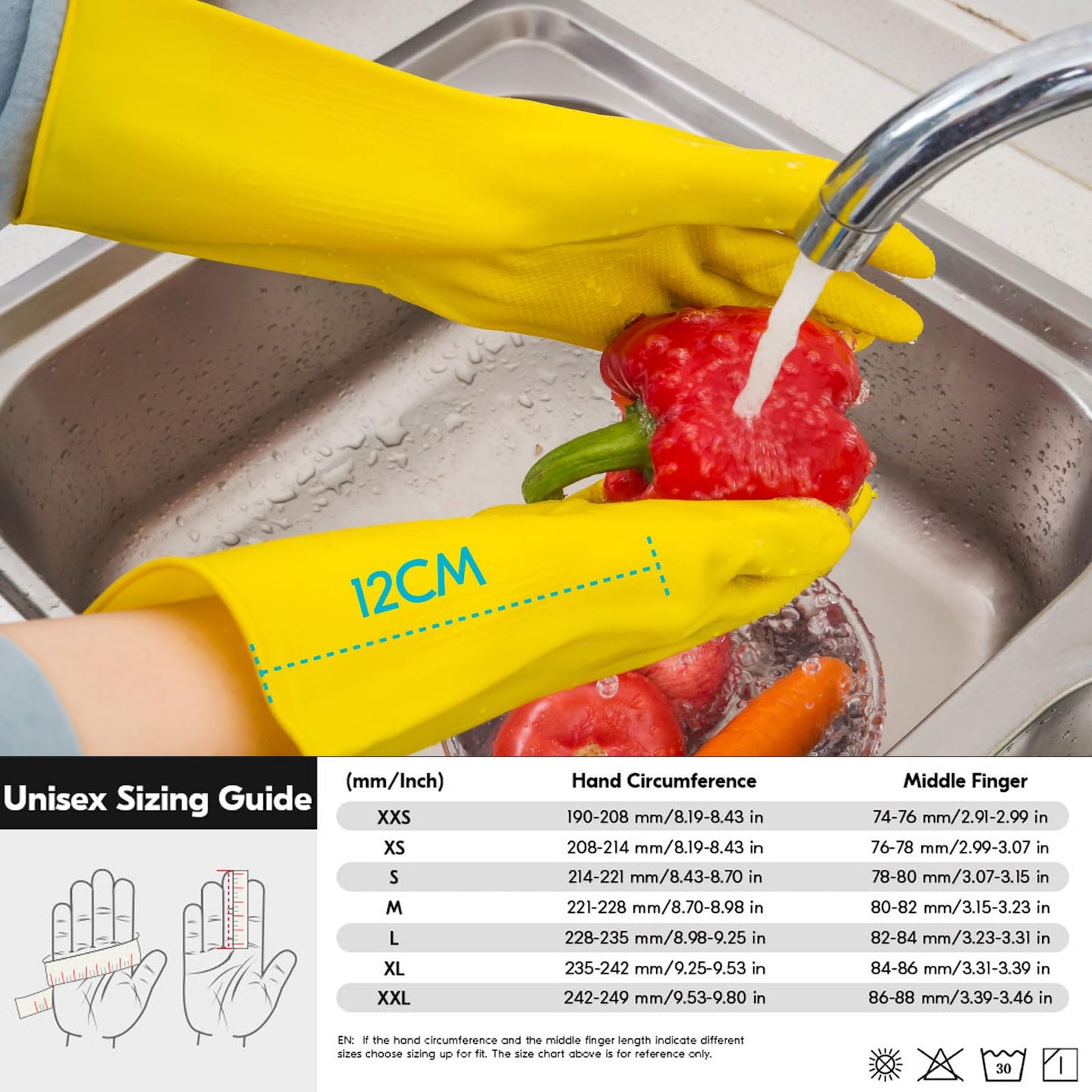 Vgo... 10-Pairs Reusable Household Gloves, Rubber Dishwashing gloves, Extra Thickness, Long Sleeves, Kitchen Cleaning, Working, Painting, Gardening, Pet Care (Size M, Yellow, HH4601)