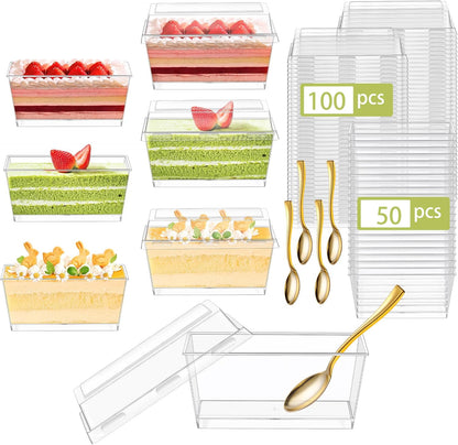 150 Pack 5oz 50, DI QIU REN Plastic Dessert Cups with Mini Gold Spoons and Lids, Clear Yogurt Parfait Cups Serves
