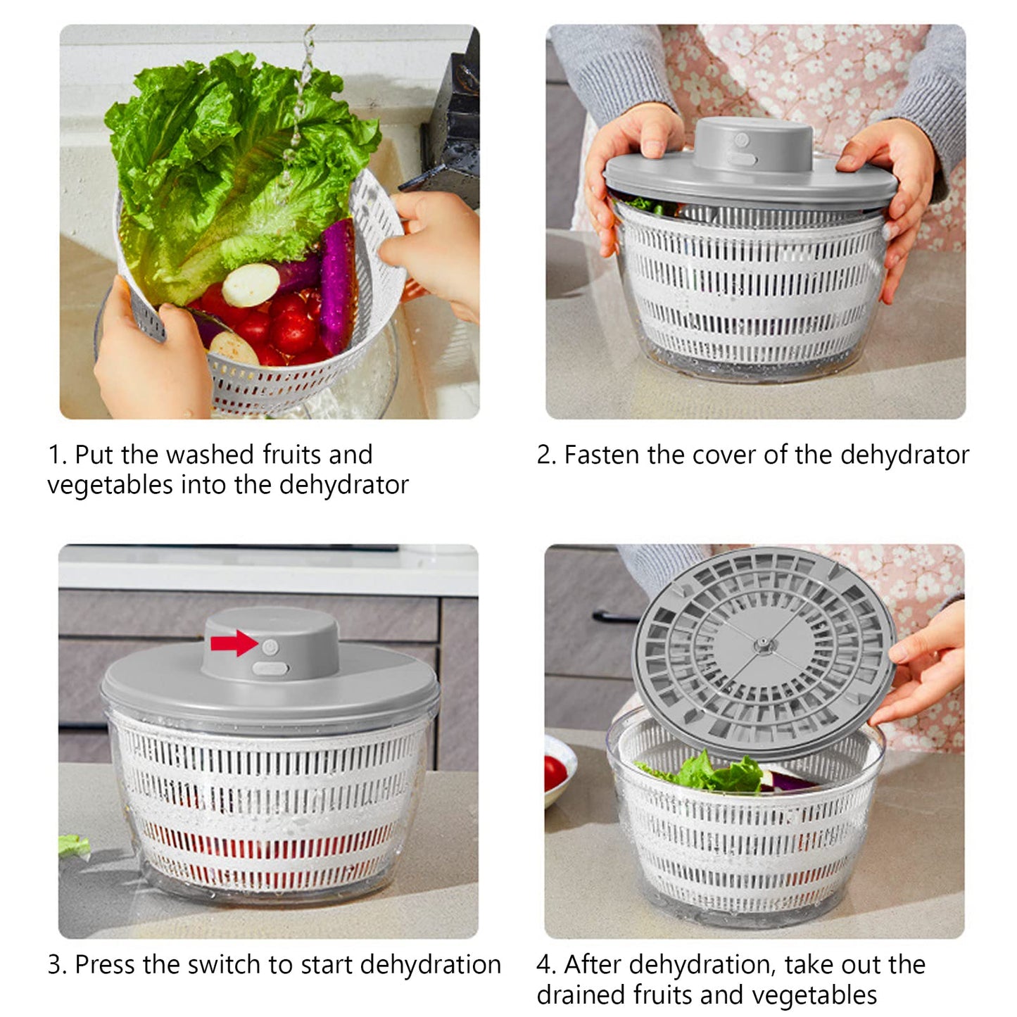 Vegetables Washer Dryer,4L Large Capacity Fruit Vegetable Strainer Spinner,USB Electric Salad Lettuce Spinner,Automatic Compact Salad Cleaner and Dryer for Home Kitchen(White)