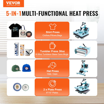 VEVOR Heat Press Machine, 12 x 15 inch, 5 in 1 Heat Transfer Machine with 30 oz Tumbler Press, 360° Swing Away T-Shirt Pressing, Digital Precise Control, for T-Shirts/Mugs/Hats/Plates, Green