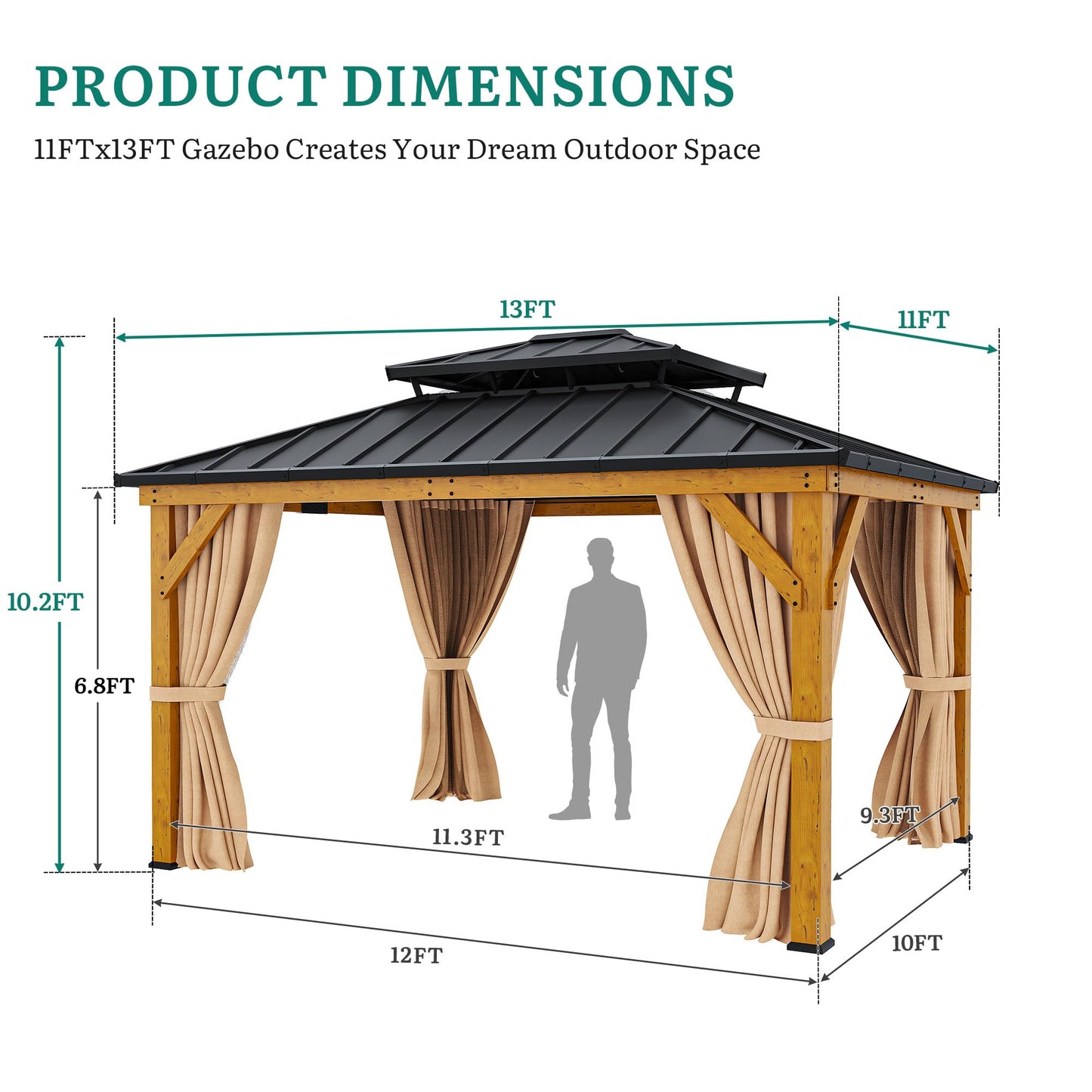 YITAHOME 11X13FT Wood Outdoor Gazebo Wooden Hardtop Gazebo Double Roof Hardtop Galvanized Steel Top Canopy w/Curtain and Netting, Patio Heavy Duty for Deck, Backyard, Golden