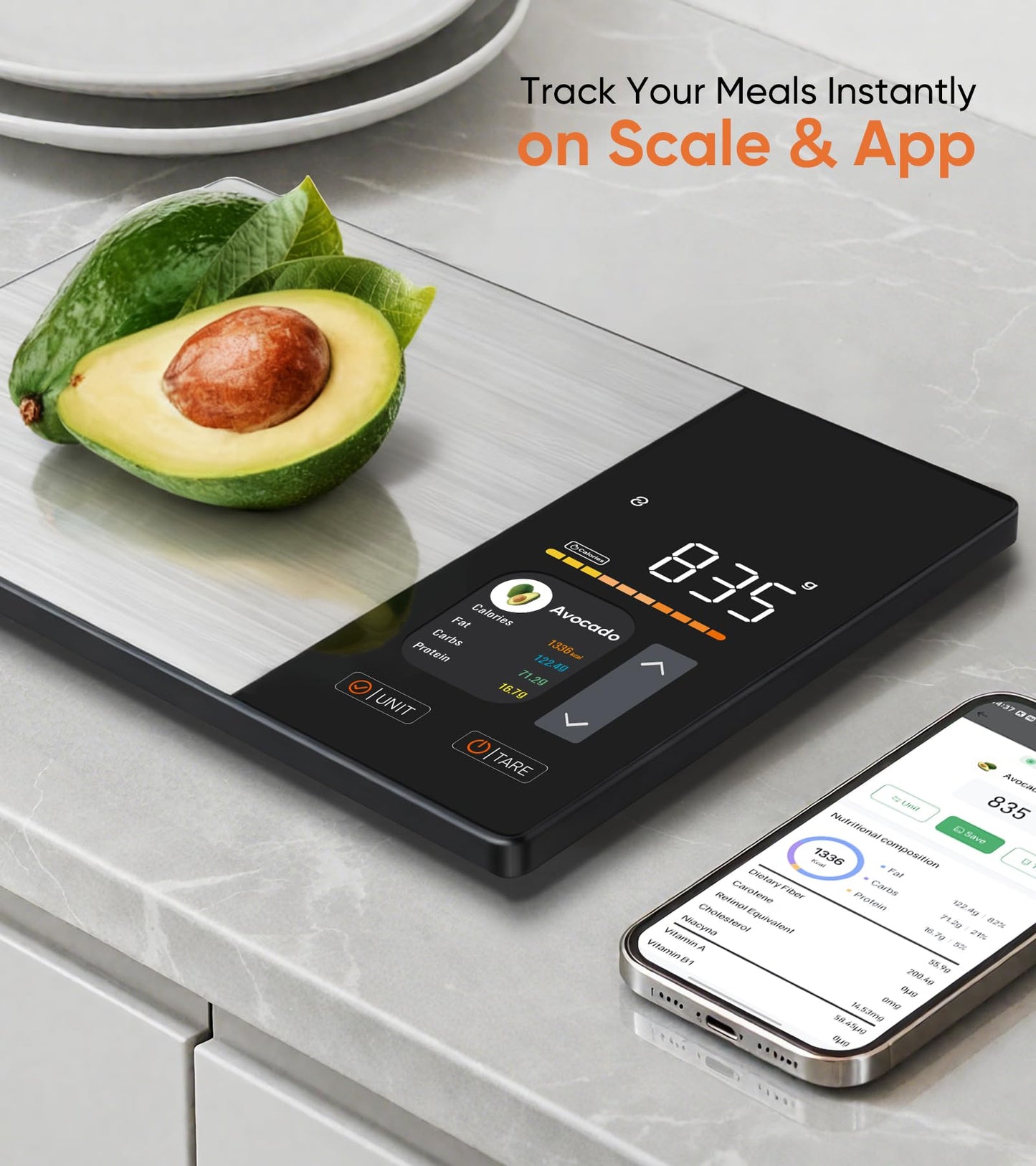 KUAIVO Smart Nutrition Food Scale with TFT Display, Tracks Calories, Fat, Carbs & Protein, Works with App for Daily Reports, 50 Built-in Foods, 23 Nutrients, Digital Kitchen Scale for Meal Prep