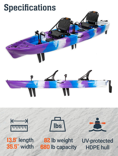 Upgraded Brooklyn 13.5 Tandem Pedal Kayak by BKC, 2 Person Sit-On-Top Pedal Drive Kayak, 680 lb Capacity, Dual Flipper Pedals, Rudder Steering, for Fishing & Touring