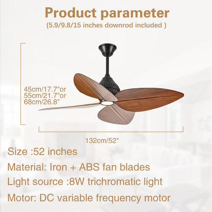 Fanyank 52“ Leaf Ceiling Fan with Light, Remote and App Control, 6 Speed Reversible, 3 Color Dimmable, Tropical Coastal Fandelier Ceiling Fans, for Bedroom, Living Room (Dark Brown)