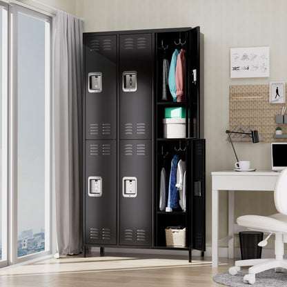 IDEALHOUSE Metal Lockers - 6 Doors Lockable Storage Locker, Sturdy Steel Cabinet with Shelves, Space-Saving Design for Home, Gym & Fire Department, Black