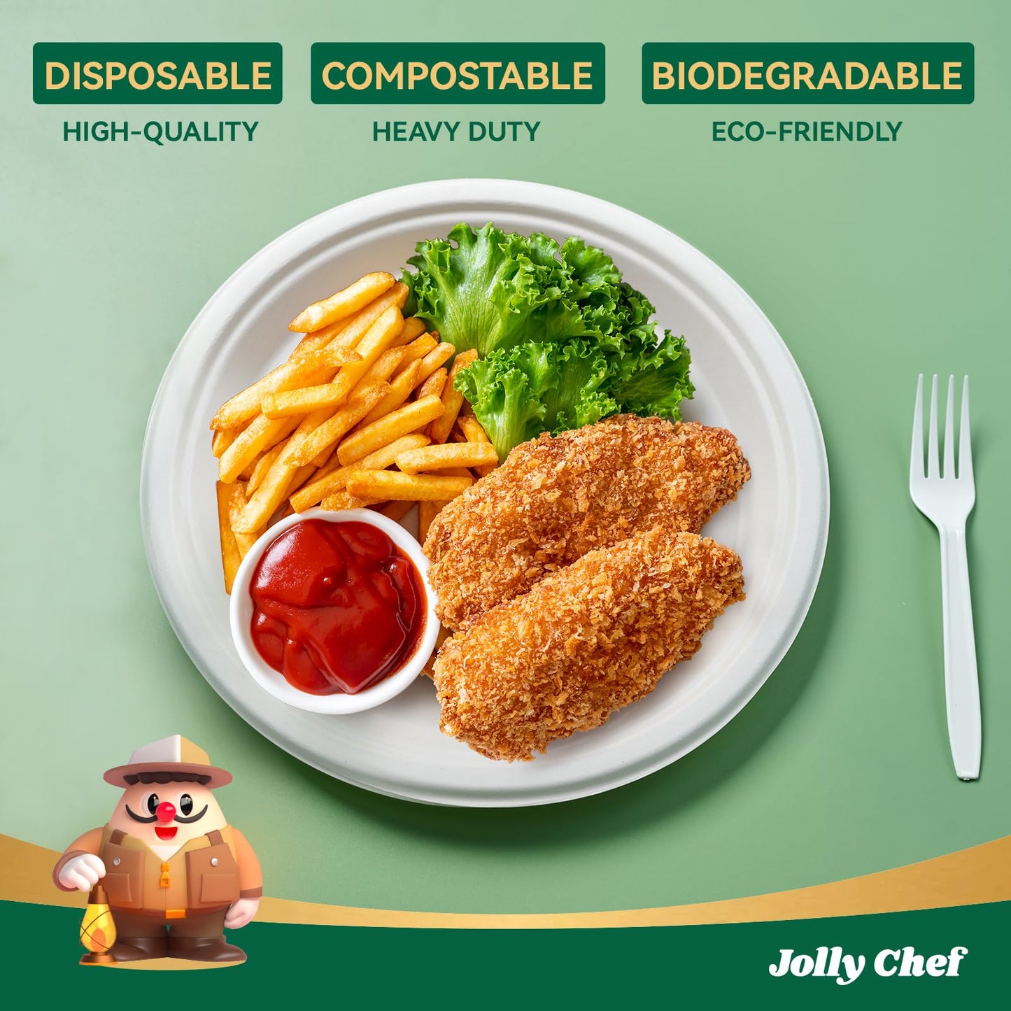 JOLLY CHEF Compostable Heavy Duty Plates 𝟭𝟬 𝗜𝗻𝗰𝗵 [𝟭𝟮𝟱 𝗣𝗮𝗰𝗸] Eco-Friendly Disposable White Paper Plates Made of Bagasse Biodegradable for Party Dinner Sugarcane Fibers Thanksgiving Day