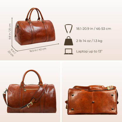 Time Resistance Full Grain Leather Small Duffel Bag - Gym Weekender Overnight Bag (Cognac Brown)