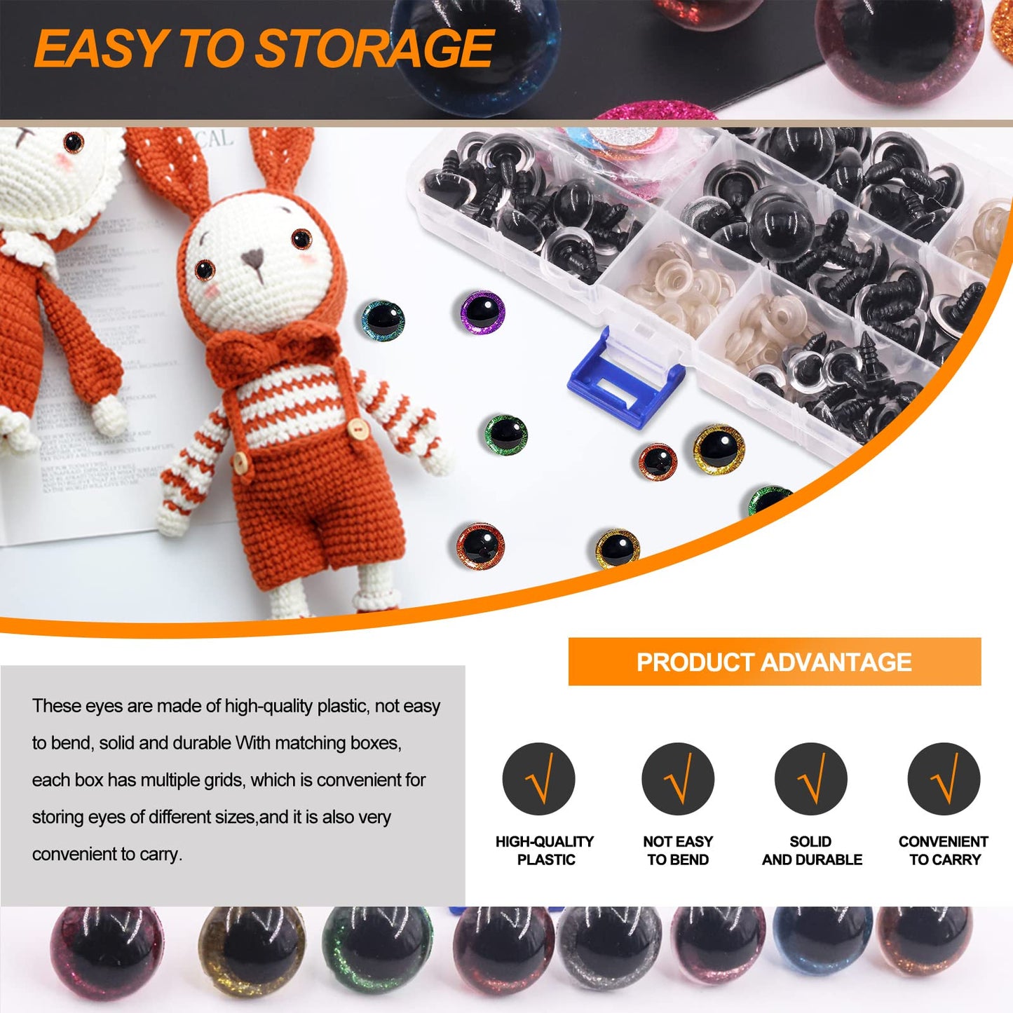 Rustark 64 Sets Glitter Plastic Safety Eyes Stuffed Crochet Eyes Craft Doll Eyes Kit with Washers for DIY Crafts Projects 12mm 16mm 18mm 20mm Green Blue Silver Pink Light Purple Gold Yellow Red